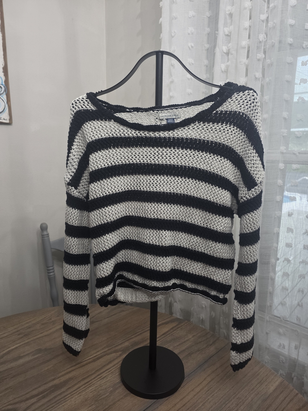 American Eagle Outfitters Black & Cream Striped Open-Knit Sweater